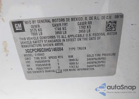 2017 Chevrolet Silverado 1500 1Lt from USA, damaged, VIN 3GCPCREC8HG146084